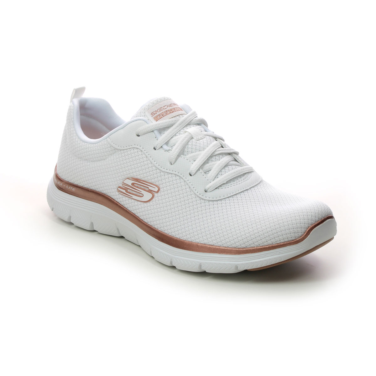 Skechers Flex Appeal 4.0 White Rose Gold Womens Trainers 149303 In Size 5 In Plain White Rose Gold