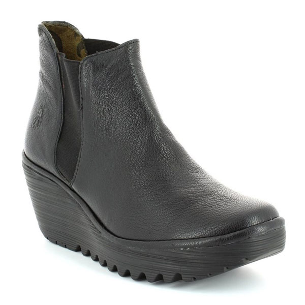 Fly London Yoss Black Wedge Boots