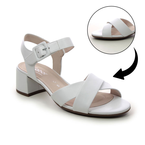 Gabor Jamma women's white leather heeled sandals with low block heel and crossover straps