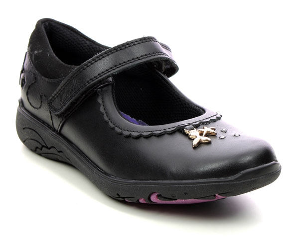 Clarks Relda Sea Mary Jane Black Leather School Shoe for Girls with Mermaid Details