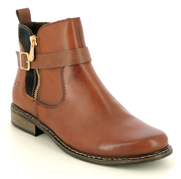 Rieker Tan Leather Chelsea boots with buckle and zip design
