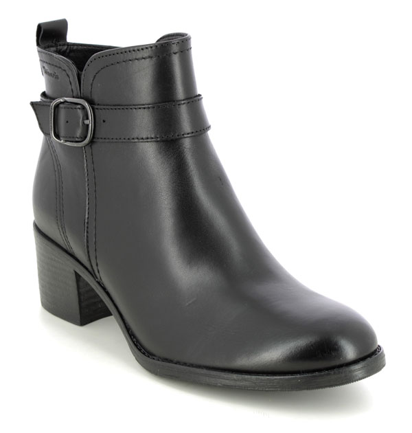 Tamaris Pauletta black leather ankle boots with block heel