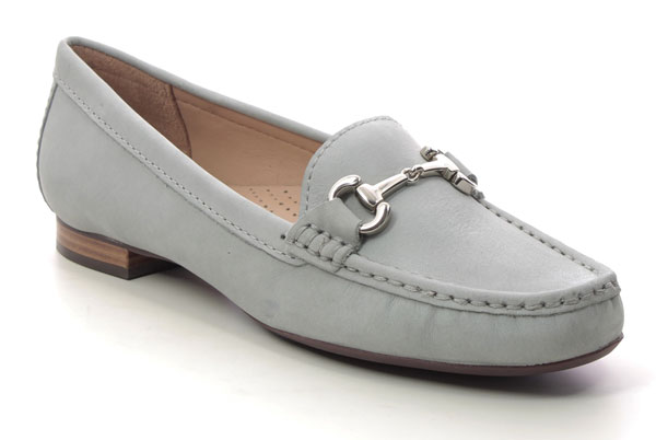 Exclusive to Begg Shoes women's silver grey loafers with apron stitching and metallic detail over the toe