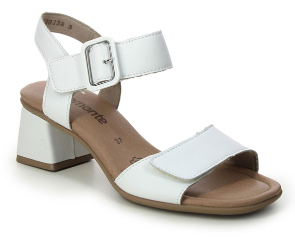 Remonte Kooky Flared women's white leather heeled sandals with velcro strap and flared block heel