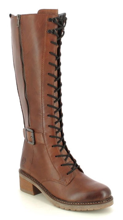Remonte Menarem Lace women's brown leather knee high boots with full length laces and interior side zip