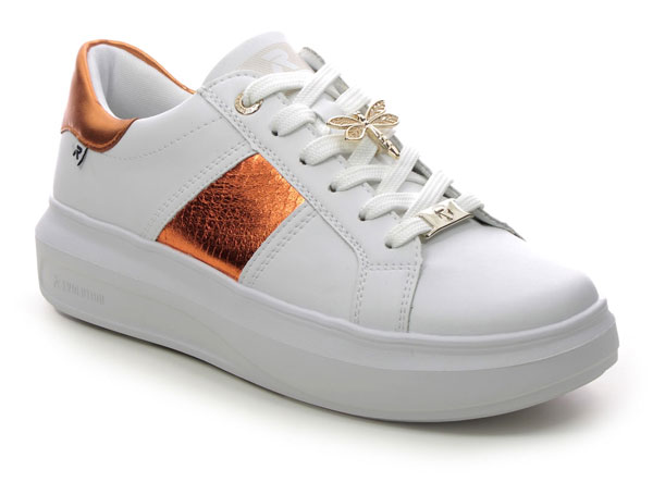 Rieker White Trainers with Coral Leather side panel, insect decal and adjustable laces
