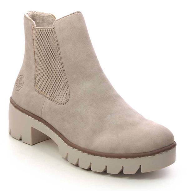 Rieker Dononiton women's light taupe Chelsea boots with cleated sole and elastic side panels