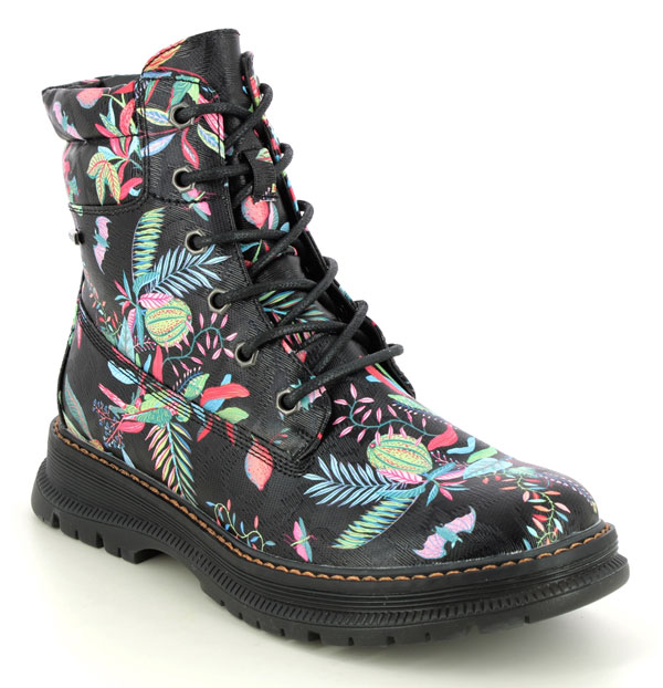 Westland Peyton 01 Tex women's black multi-coloured biker boots with floral pattern and laces