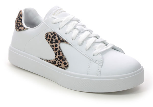 Skechers Eden LX women's white trainers with an S-shaped side detail in leopard print