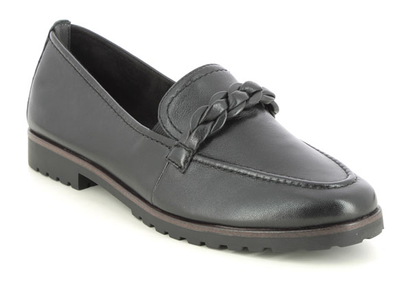 Tamaris Careen women's black leather loafers with braided detail over the toe