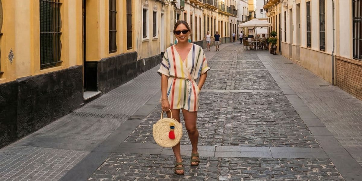 A woman stands smiling on a narrow, cobbled street lined with tall, pale-yellow buildings. She wears a cream-coloured, short-sleeved playsuit with vertical multicoloured stripes, cinched at the waist. Her accessories include dark sunglasses, turquoise tassel earrings, and olive-green two-strap sandals. She holds a round, woven straw bag decorated with a colourful tassel. In the background, the street stretches into the distance with a few pedestrians and an outdoor café area under a cream umbrella. The scene is bathed in warm, bright daylight.