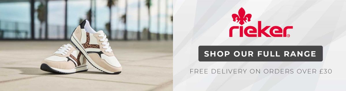 A promotional banner for Rieker footwear. On the left, a pair of cream trainers with animal print and black accents are displayed on a paved outdoor surface. On the right, the red Rieker logo sits above a dark grey button reading "SHOP OUR FULL RANGE" and the text "FREE DELIVERY ON ORDERS OVER £30".