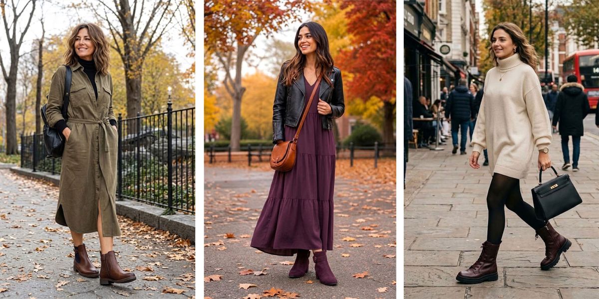 A triptych showing three autumn women's fashion outfits featuring dresses paired with boots: on the left, an olive green tie-waist shirt dress over a black roll-neck with brown leather Chelsea boots; in the centre, a plum purple tiered maxi dress styled with a black leather jacket and matching purple ankle boots; on the right, a cream roll-neck knitted jumper dress with black tights and deep burgundy leather biker boots.