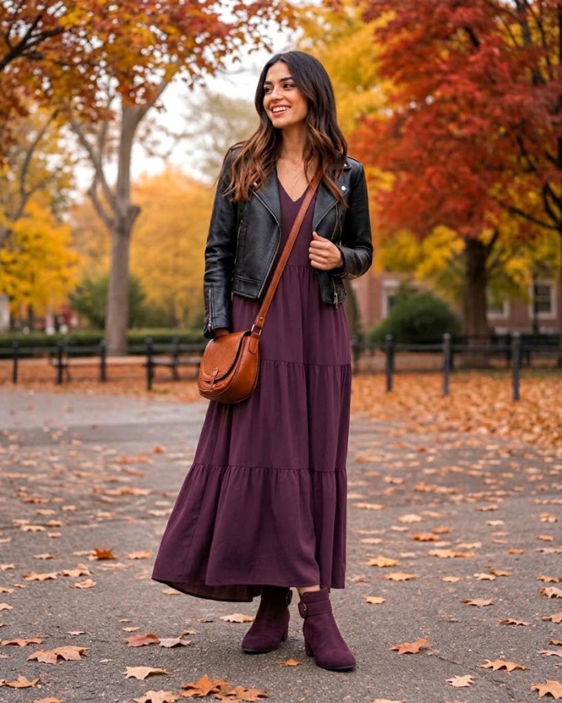 Woman smiling in an autumn park wearing a plum purple tier-layered maxi dress, black leather biker jacket, tan leather cross-body bag, and Marco Tozzi Abbey Kowa ankle boots with buckle detail.
