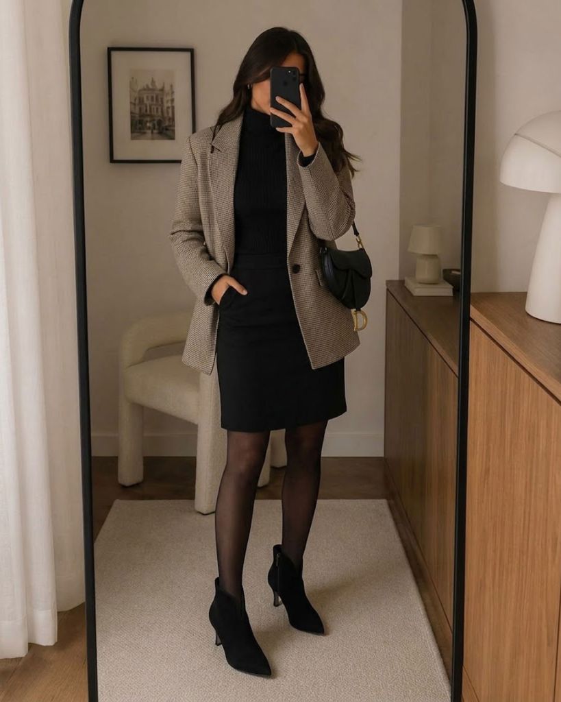 Woman taking a mirror selfie in a tailored outfit, wearing a black shift dress, sheer black tights, a hounds tooth blazer, and Gabor Terri black suede heeled boots.