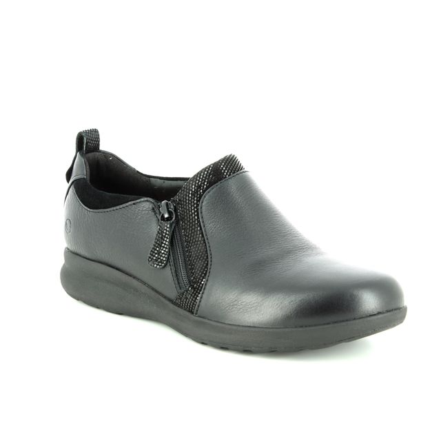 Clarks Un Adorn Zip Black leather Womens Comfort Slip On Shoes 3701-75E
