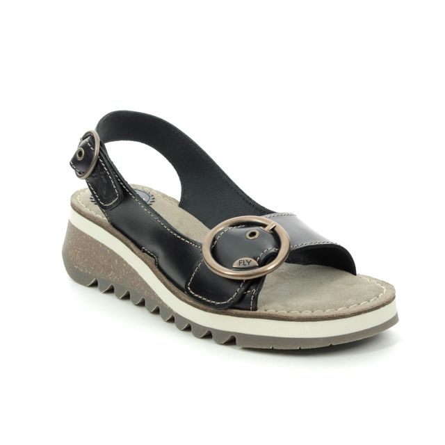 Fly London Wedge Sandals - Black leather - P144589 TRAM 2