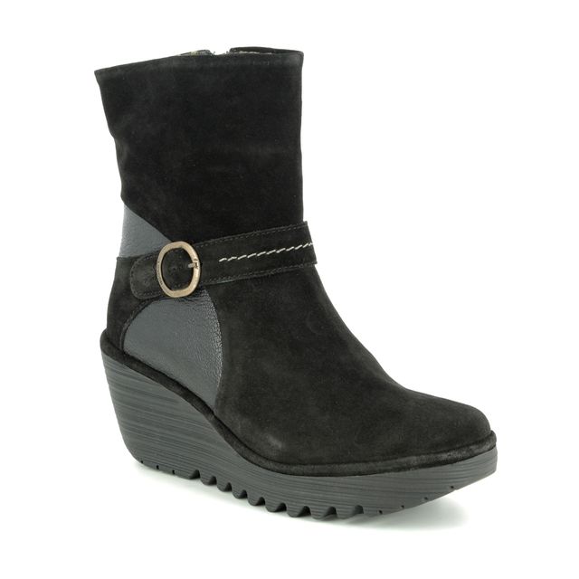 Fly London Yome Black Suede Womens Wedge Boots P501083-000