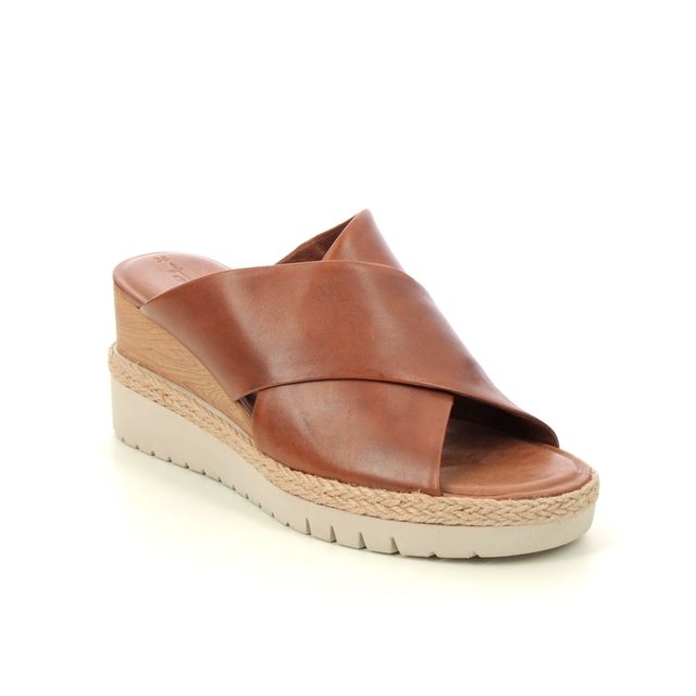 Tamaris Alisa Wedge Tan Leather Womens Slide Sandals 27223-28-444