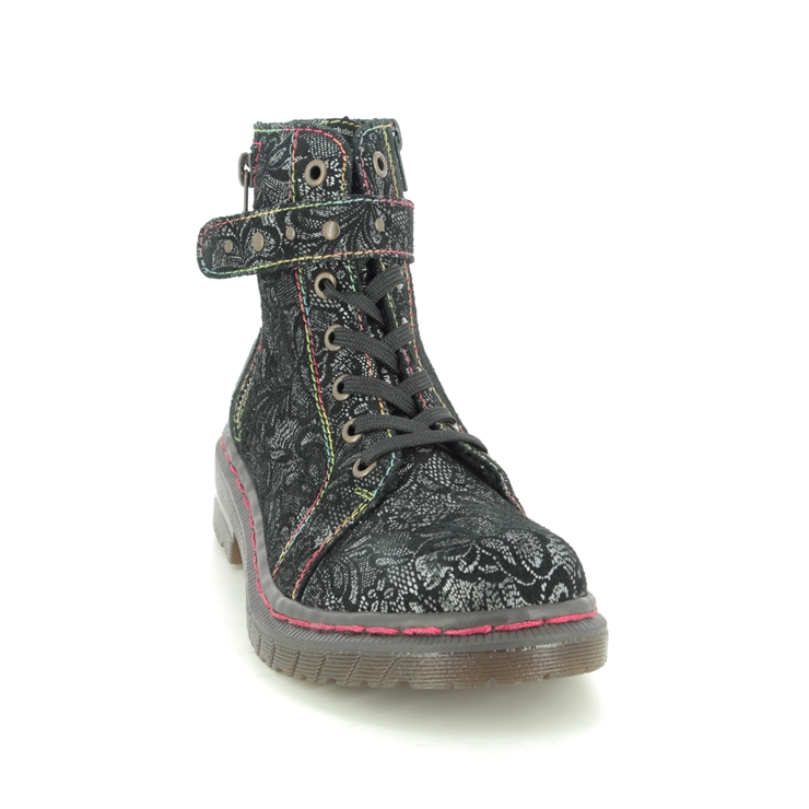 Rieker 76241-00 Black floral Lace Up Boots