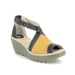 Fly London Wedge Sandals - Black yellow - P501163 YACE
