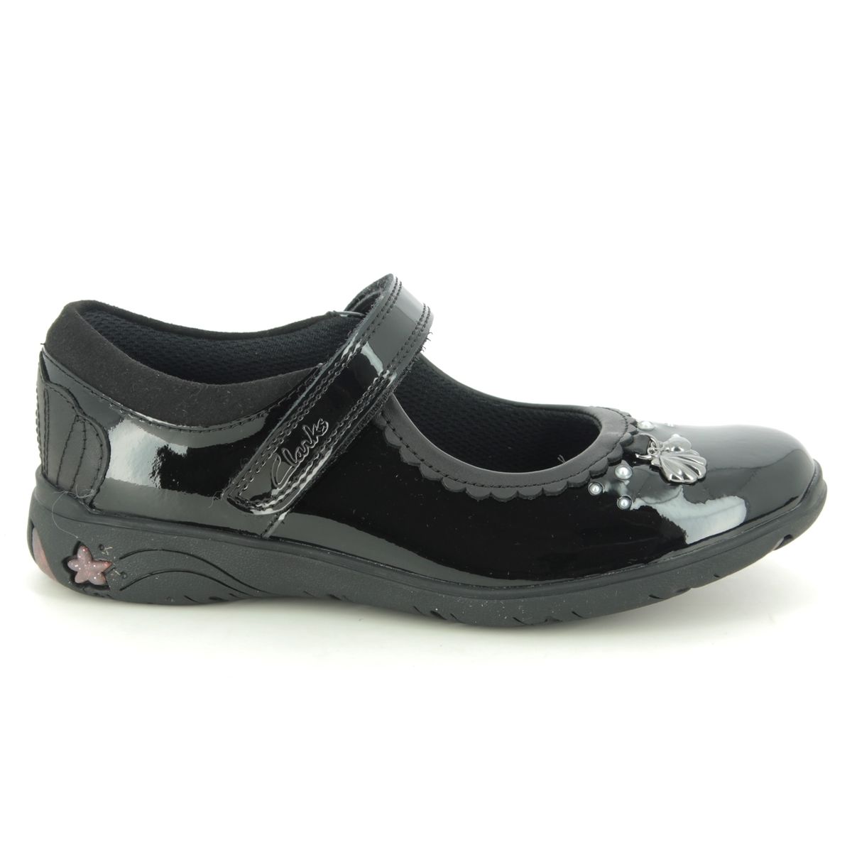 Clarks Sea Shimmer K G Fit Black patent school shoes