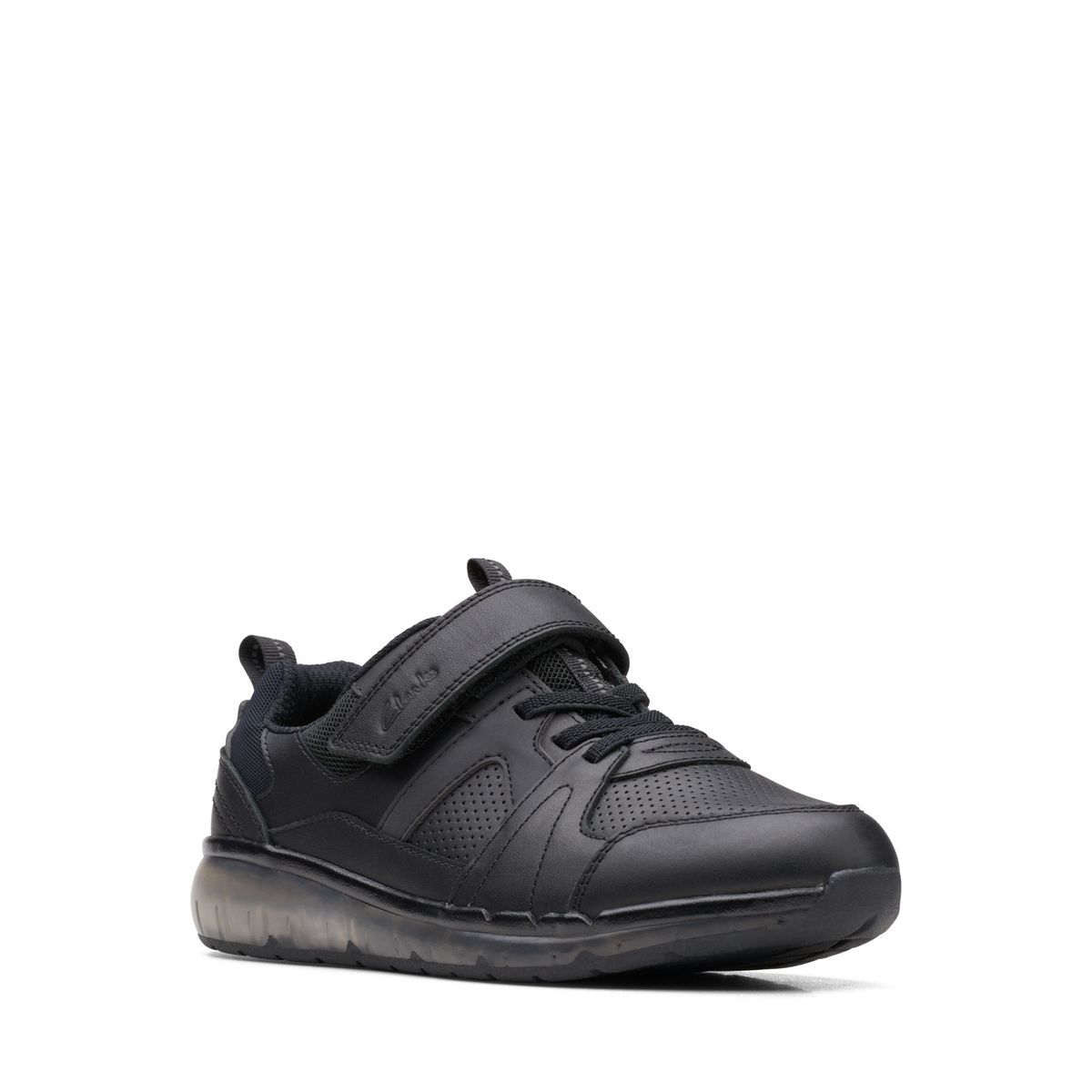 Clarks Spark Beam O Black Leather Kids Boys Trainers 679186F In Size 13.5 In Plain Black Leather F Width Fitting Regular Fit For kids