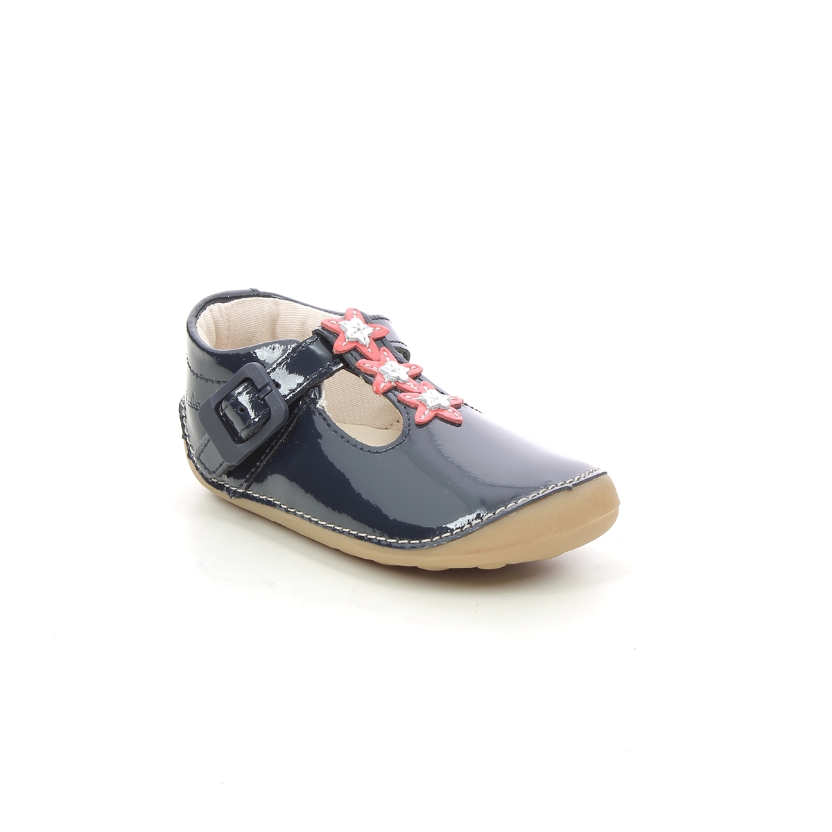 Clarks Tiny Flower T Navy patent Kids girls first and baby shoes 6257-76F in a Plain Leather in Size 3