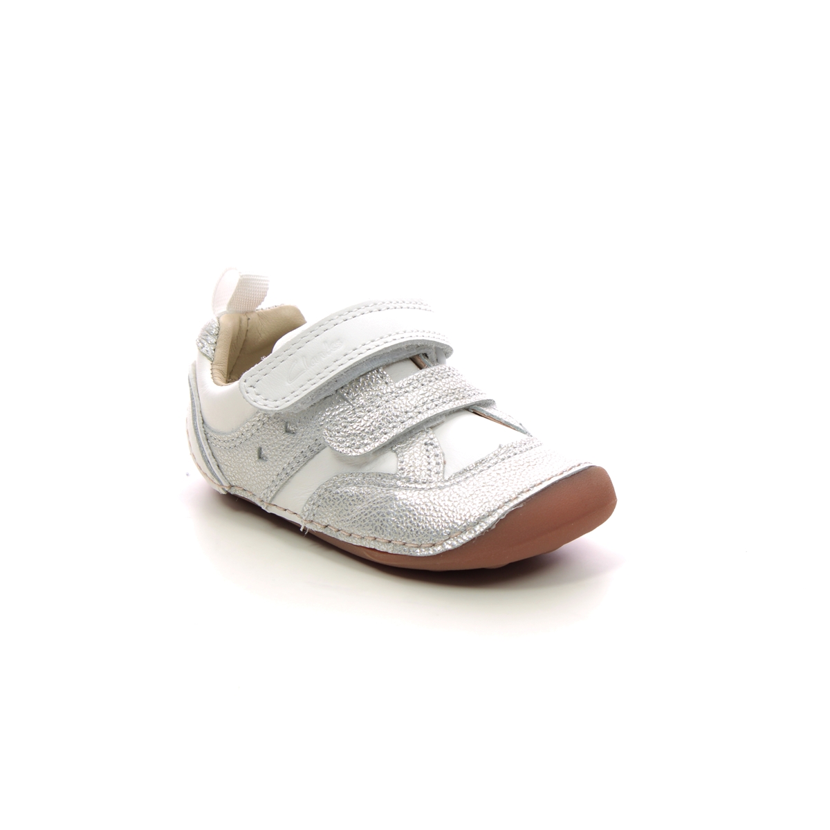 Clarks Tiny Sky T White Silver Kids girls first and baby shoes 7182-66F in a Plain Leather in Size 3