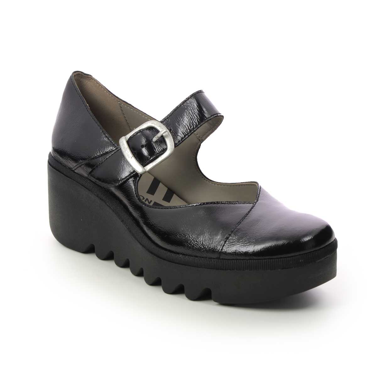 Fly London Baxe   Blu Lmj Black Patent Womens Wedge Shoes P501428 In Size 38 In Plain Black Patent