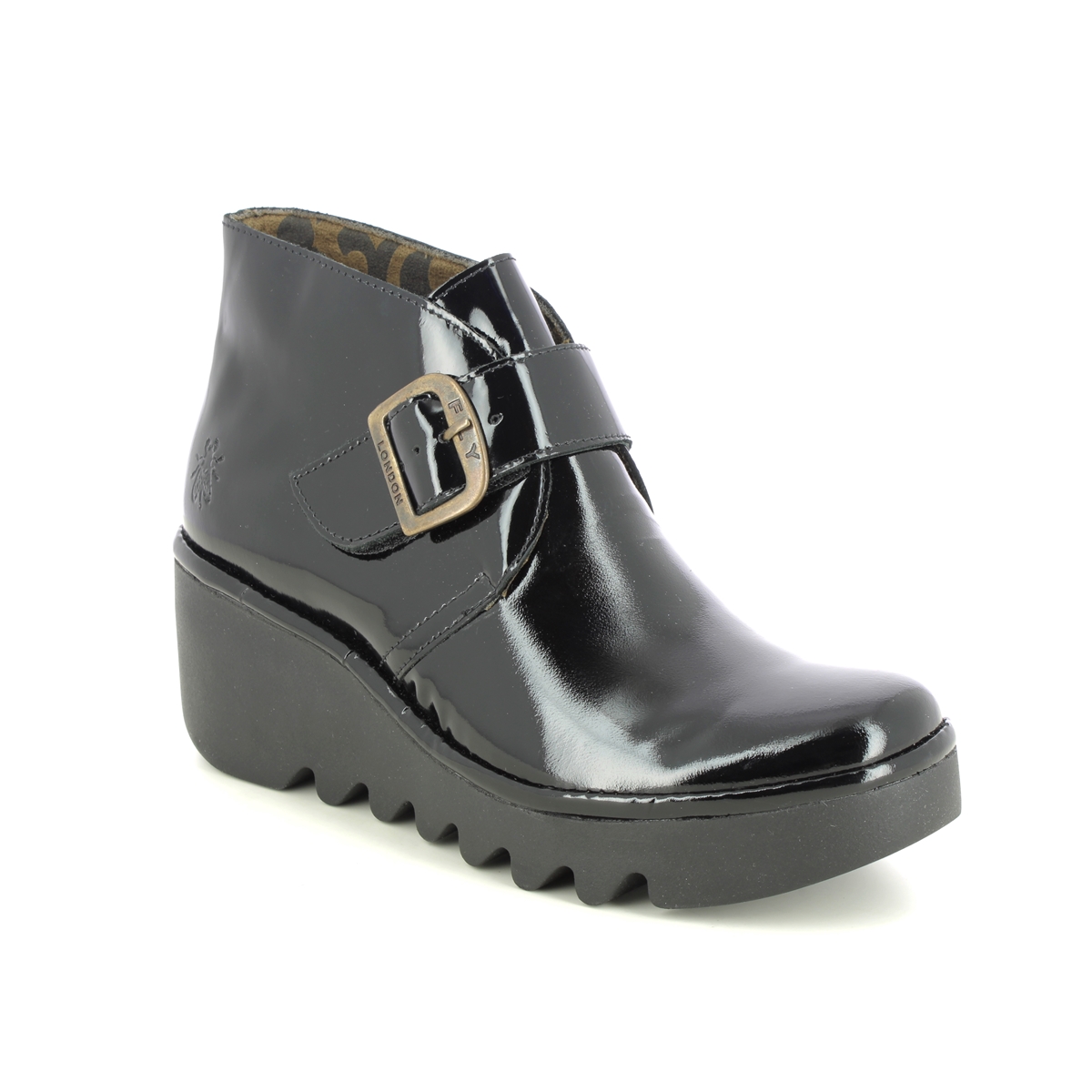 Fly London Birt   Blu Black Patent Womens Wedge Boots P501397 In Size 39 In Plain Black Patent