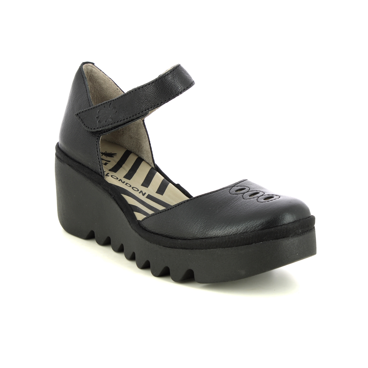 Fly London Biso Wedge Blu Black leather Womens Wedge Shoes P501305-010 in a Plain Leather in Size 37