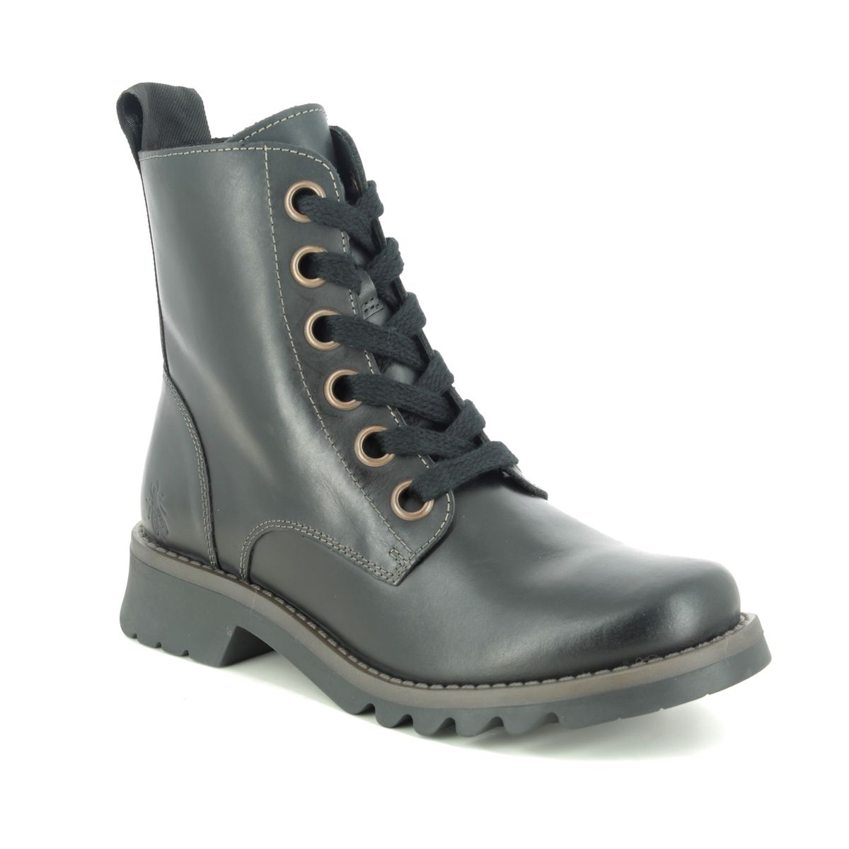 Fly London Ragi Black Leather Womens Lace Up Boots P144539 In Size 42 In Plain Black Leather