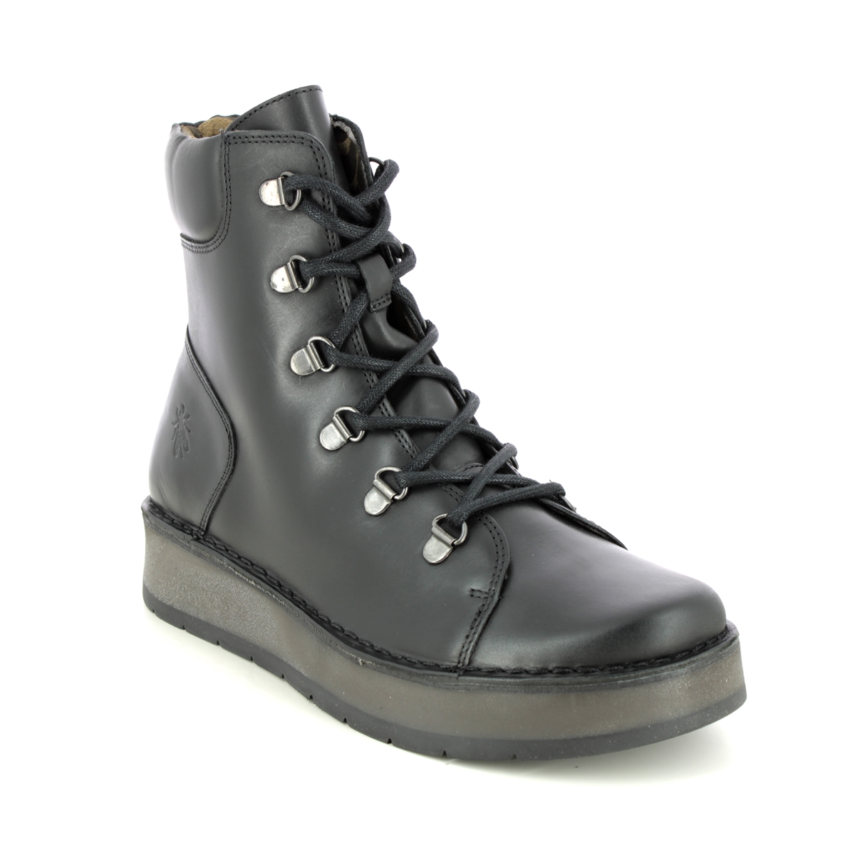 Fly London Roxy   Ravi Black Leather Womens Lace Up Boots P211094 In Size 38 In Plain Black Leather