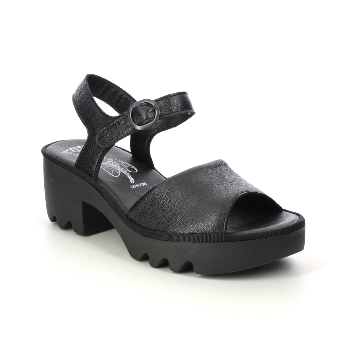 Fly London Tull Thalia Black leather Womens Wedge Sandals P501503-000 in a Plain Leather and Textile in Size 36