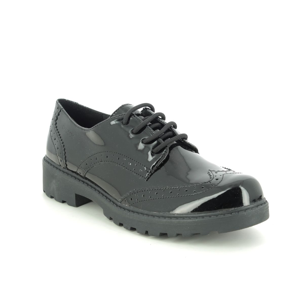 Geox - Casey Lace (Black Patent) J6420N-C9999 In Size 34 In Plain Black Patent For kids
