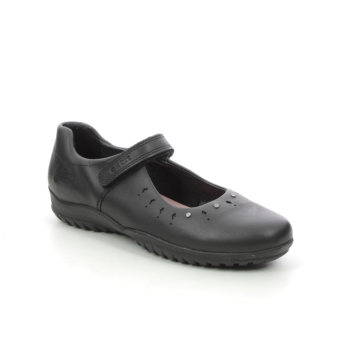 Geox Shadow B Frozen Black leather Kids girls school shoes J16A6B-C9999 in a Plain Leather in Size 35