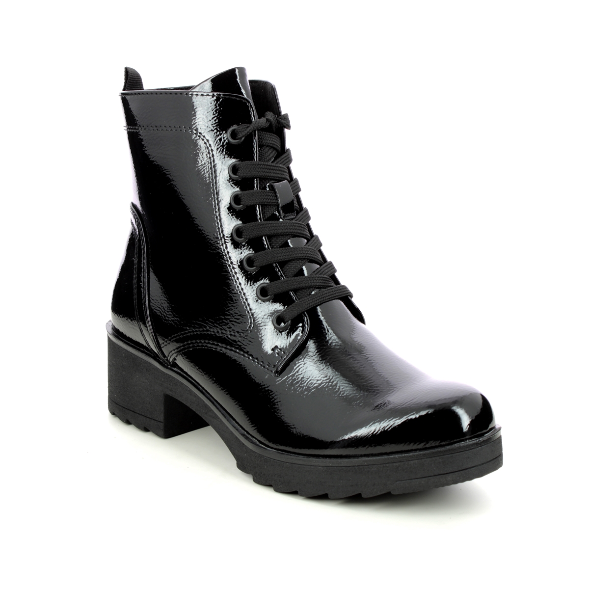 Marco Tozzi Dono   Lace Black Patent Womens Biker Boots 25262-27-018 In Size 37 In Plain Black Patent