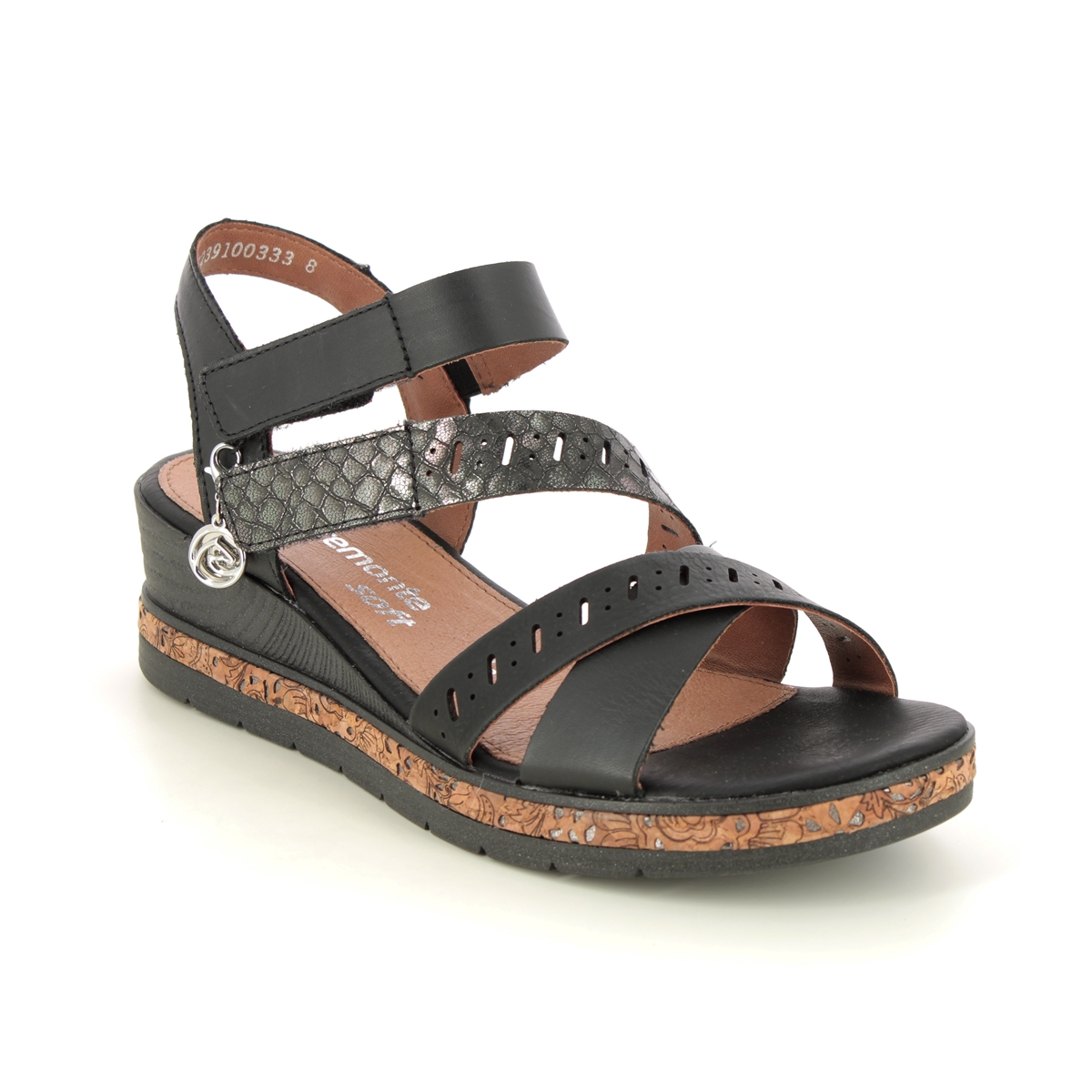 Remonte D3064-01 Boudash Black leather Womens Wedge Sandals in a Plain Leather and Man-made in Size 37