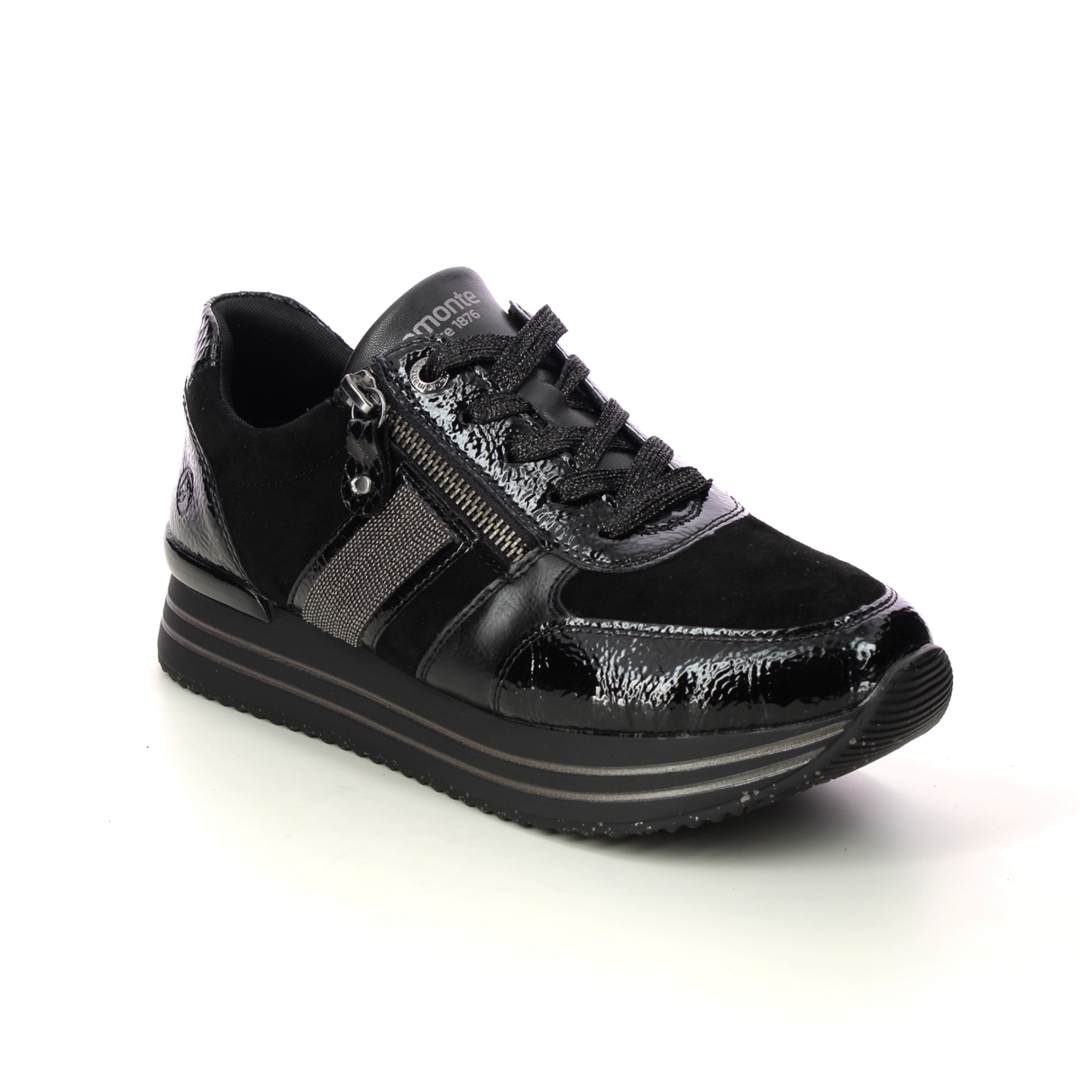 Remonte Ranger Black Patent Suede Womens Trainers D1321-01 In Size 37 In Plain Black Patent Suede