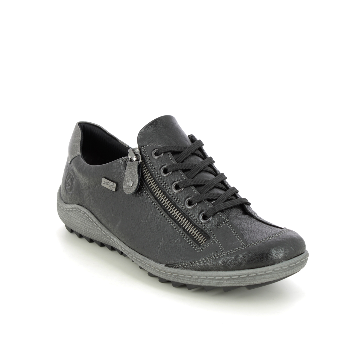 Remonte Zigzip 85 Tex Black Leather Womens Lacing Shoes R1402-06 In Size 42 In Plain Black Leather
