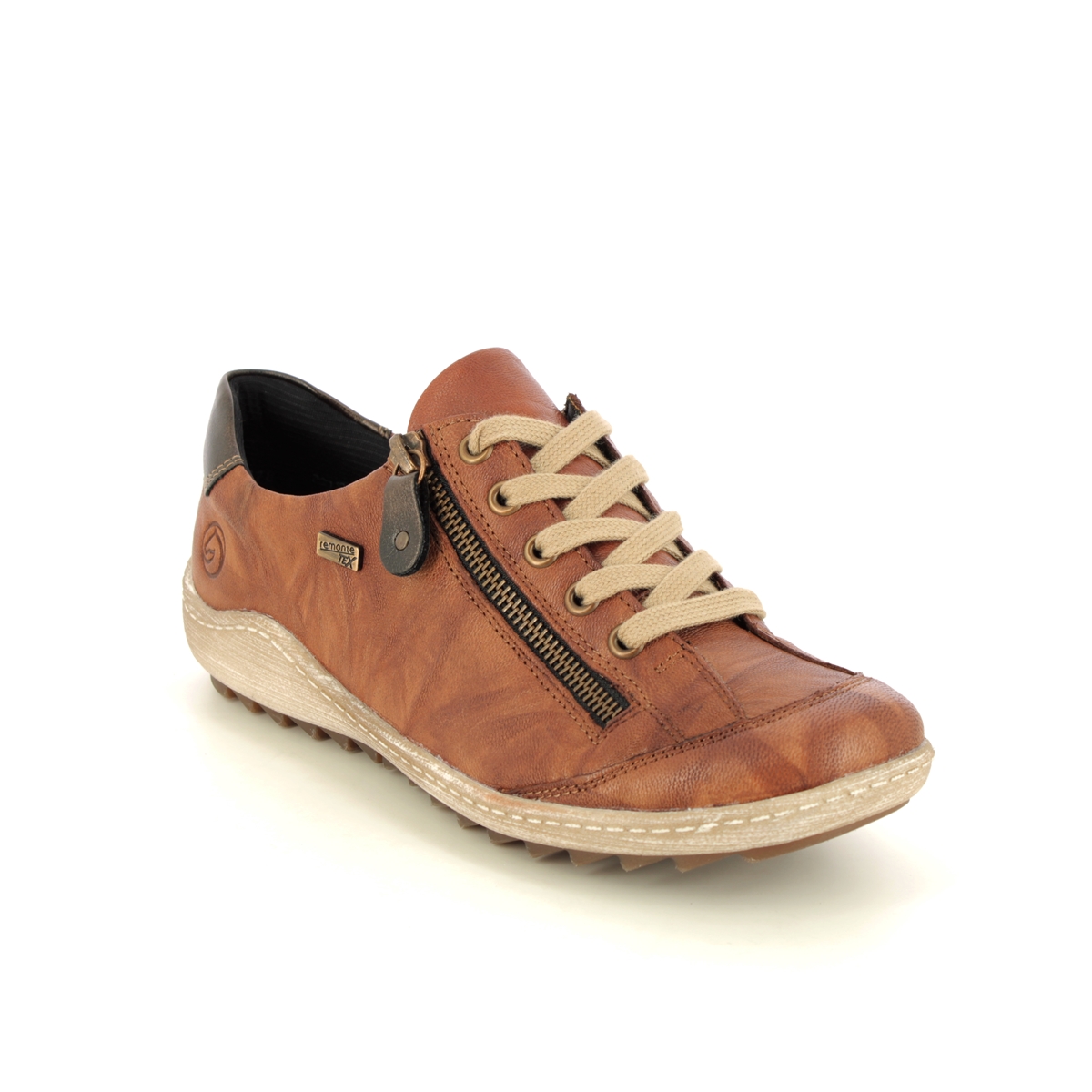 Remonte Zigzip 85 Tex Tan Leather Womens Lacing Shoes R1402-22 In Size 37 In Plain Tan Leather