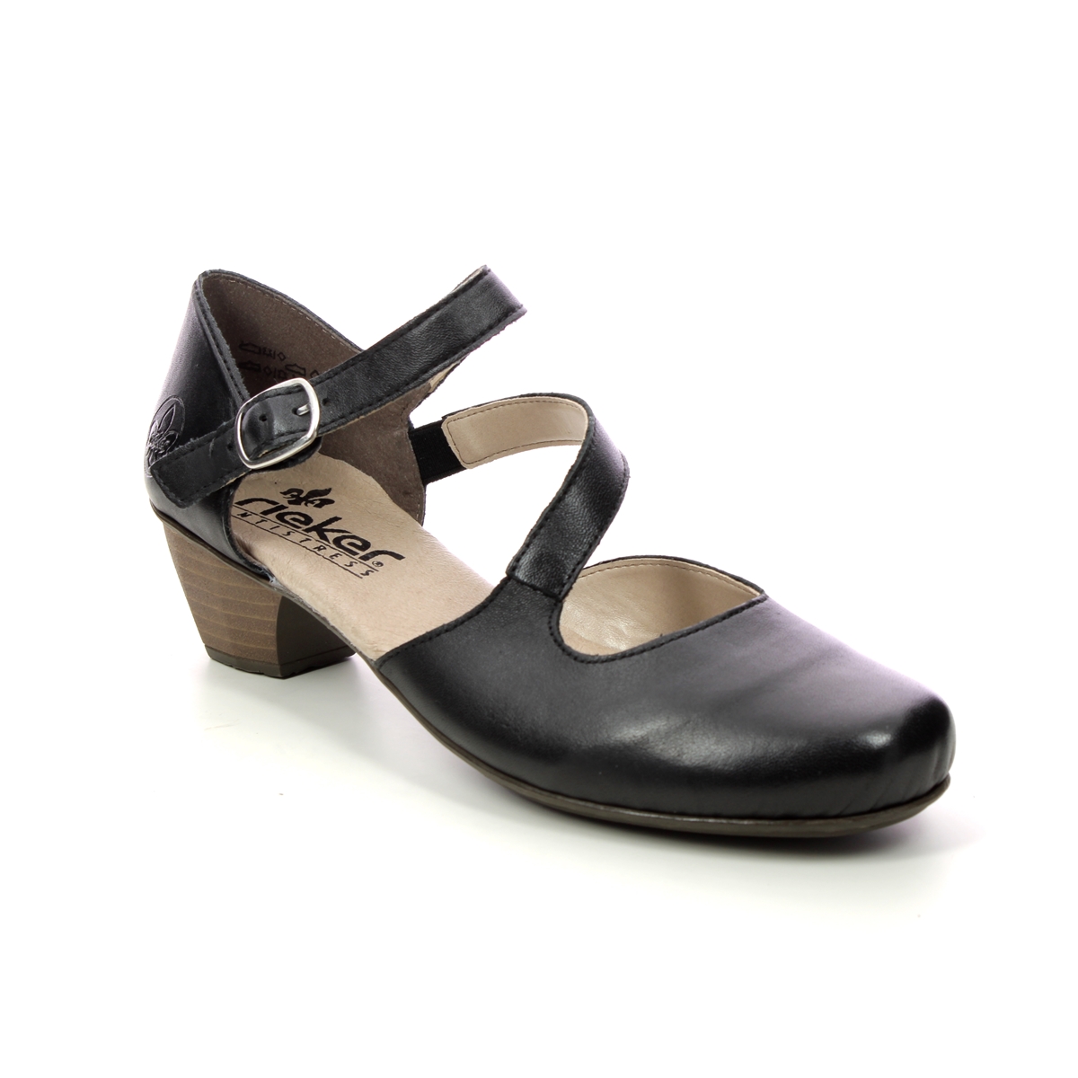 Rieker Sarmill Open Black Leather Womens Mary Jane Shoes 41780-00 In Size 38 In Plain Black Leather