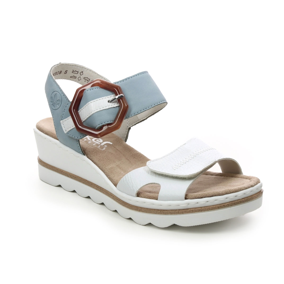 Rieker 67476-10 White Light Blue Womens Wedge Sandals in a Plain Man-made in Size 37