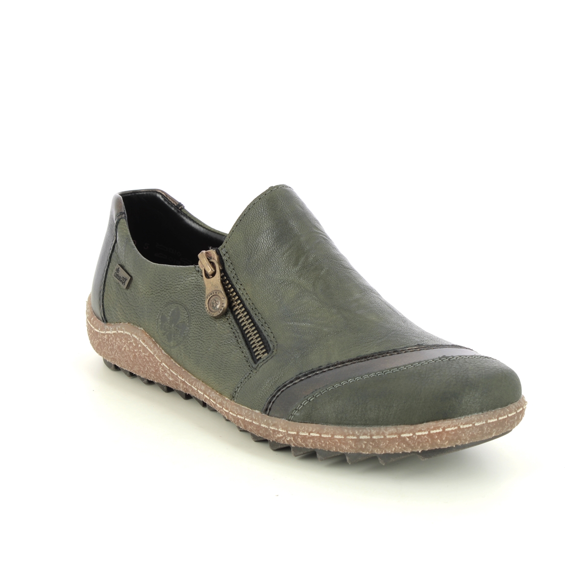 Rieker Zigshu Tex Olive Leather Womens Comfort Slip On Shoes L7571-54 In Size 41 In Plain Olive Leather