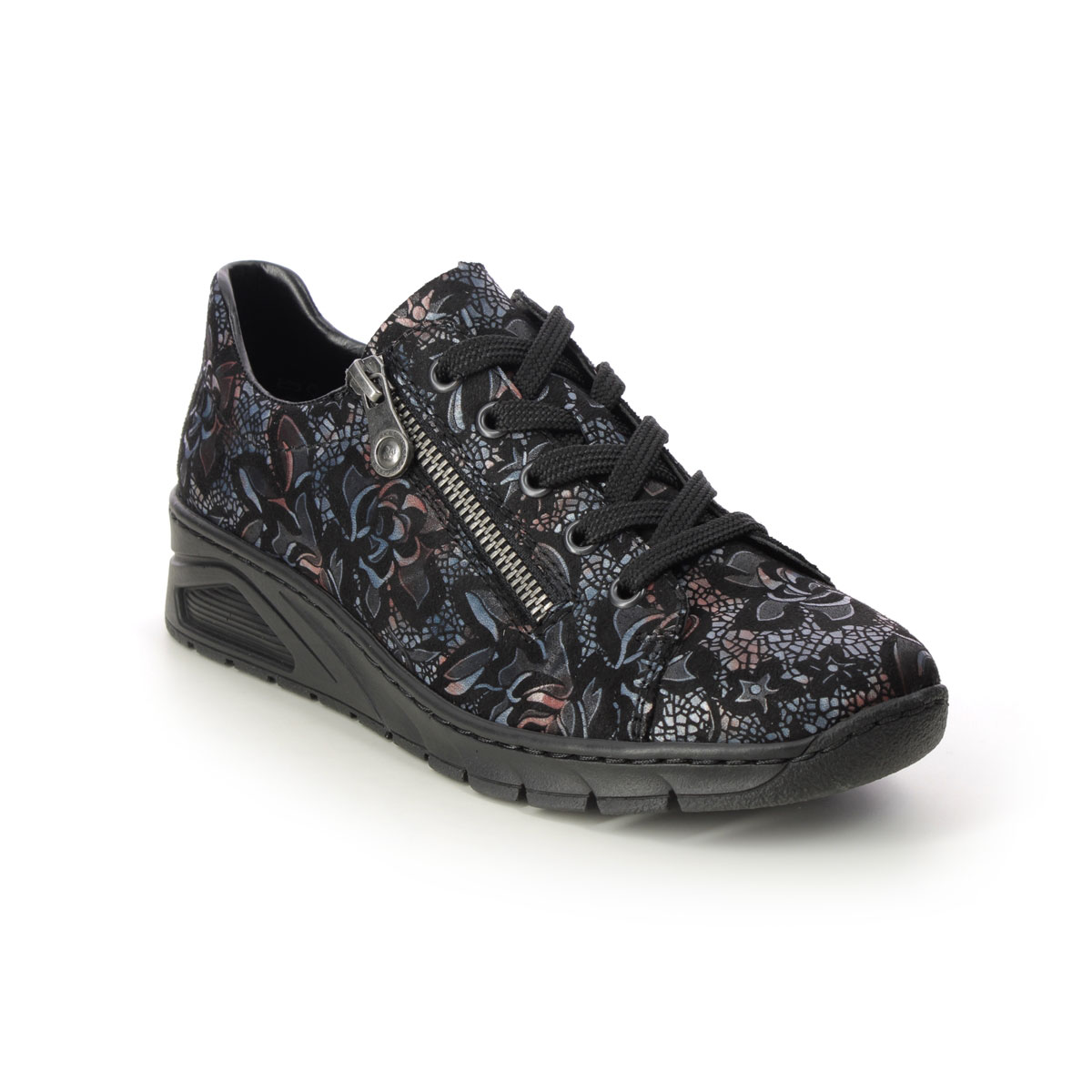 Rieker Boccizip Lace Black Floral Womens Lacing Shoes N3302-90 In Size 40 In Plain Black Floral
