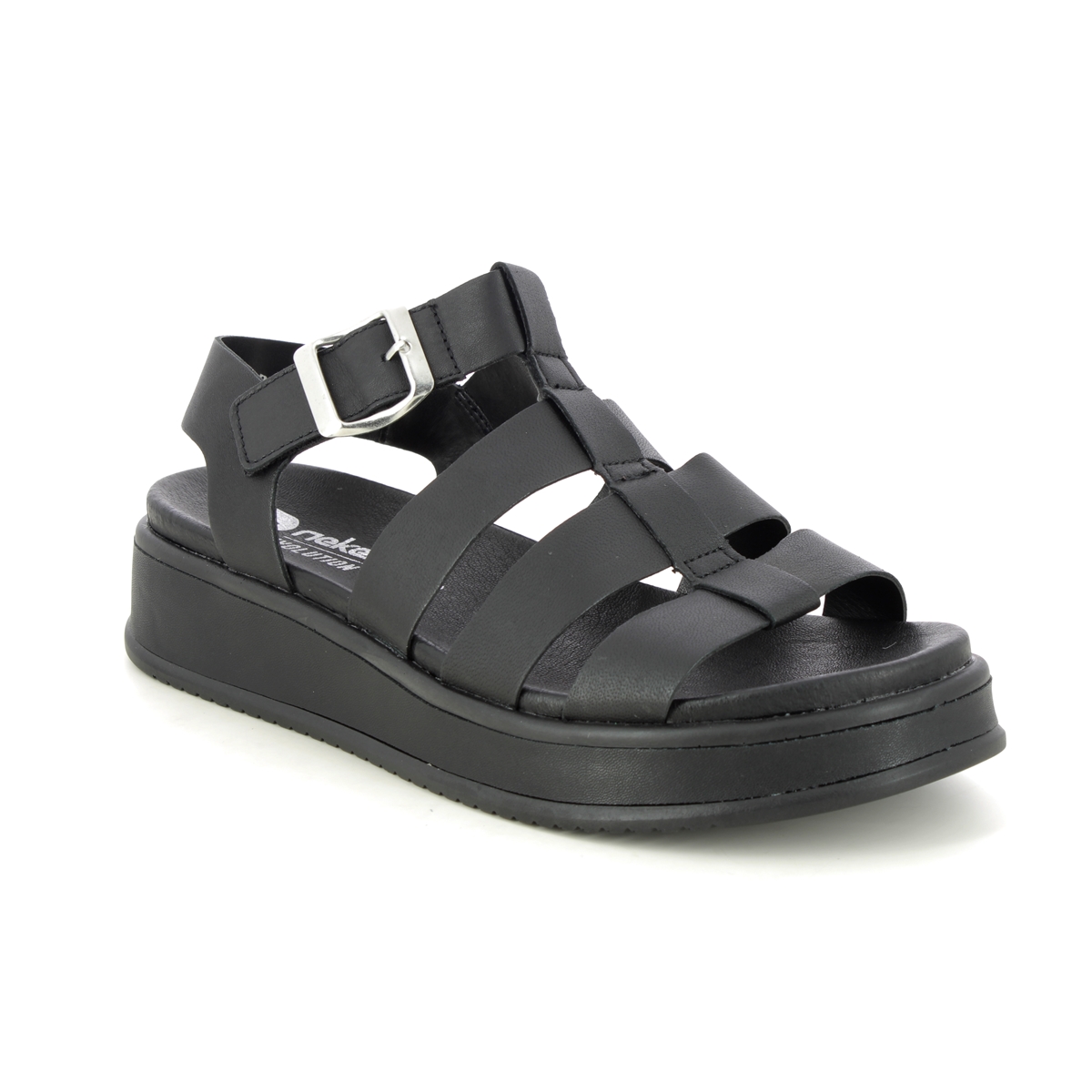 Rieker W0804-00 Black leather Womens Wedge Sandals in a Plain Leather in Size 40