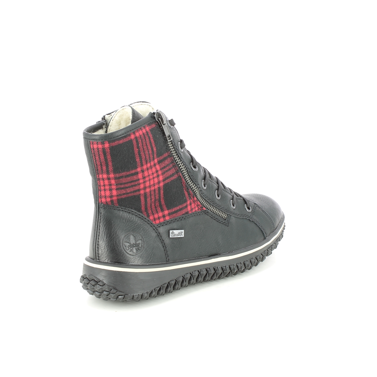 Rieker Z4210-00 Ladies Black With Red Check Print Lace Up Ankle Boots