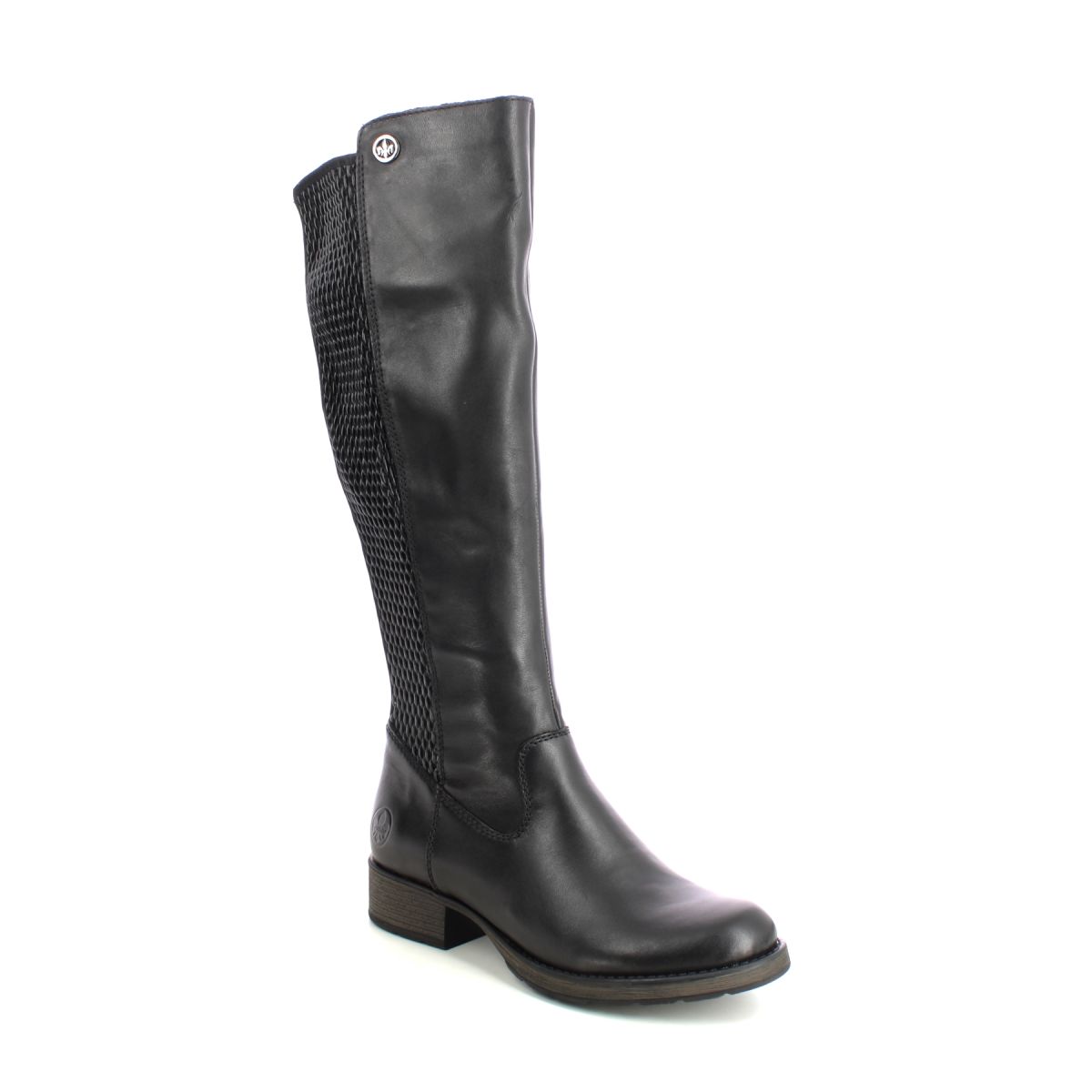 Rieker Indafit Stretch Black Leather Womens Knee-High Boots Z9591-00 In Size 40 In Plain Black Leather