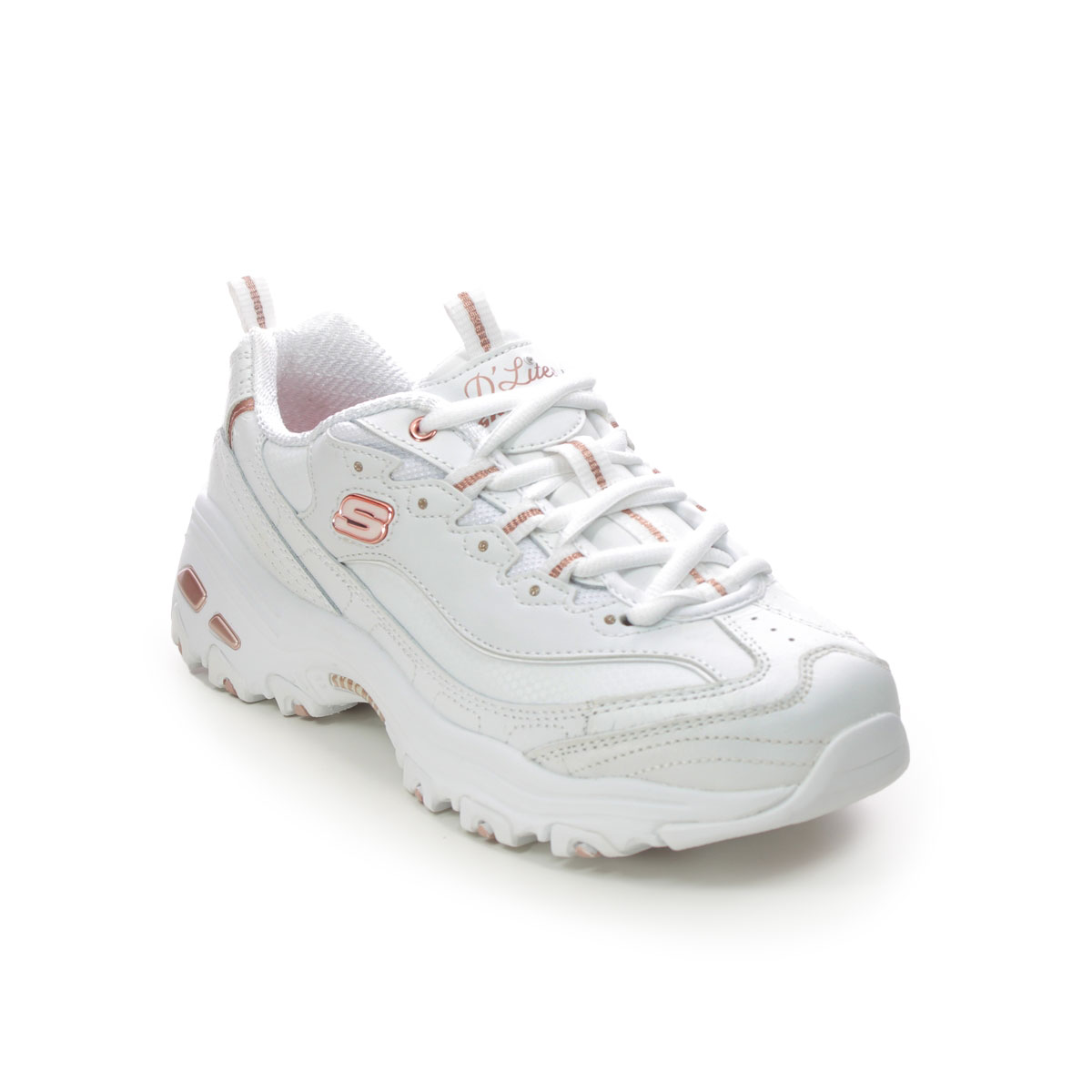 Skechers Dlites Fresh WTRG White Rose gold Womens trainers 11931 in a Plain Leather and Textile in Size 5.5
